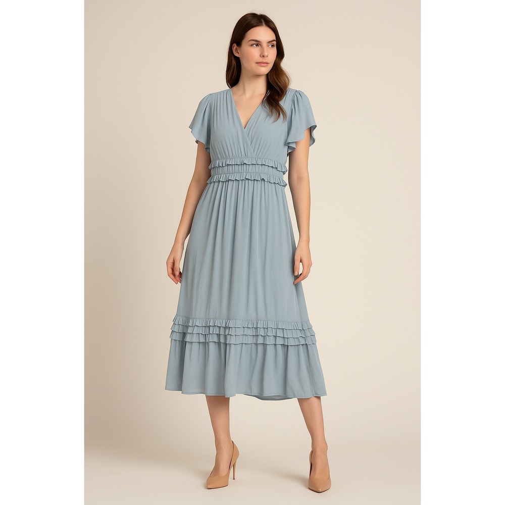 Böhme Ruffle Midi Dress Blue Short‎ Sleeve V-Neck Boho Feminine Size Medium